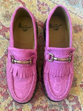 Dr. Martens Women's Adrian Snaffle Pink Suede Kiltie snake embossed Loafers